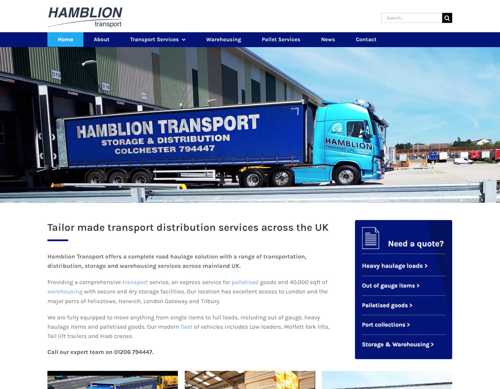 Image of web design for Hamblion Transport, showing the website home page.