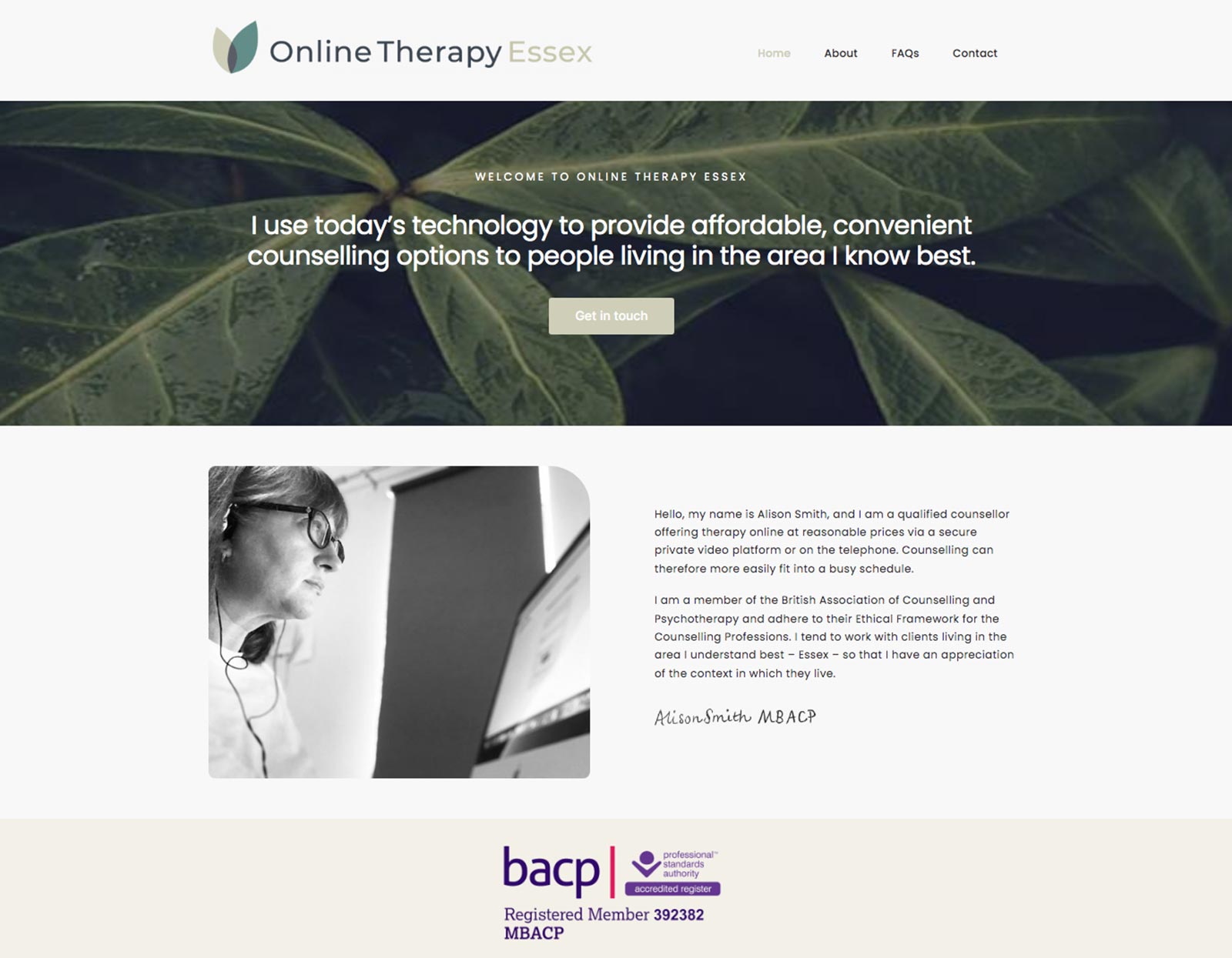 Image of web design for Online Therapy, Essex, showing the website home page.