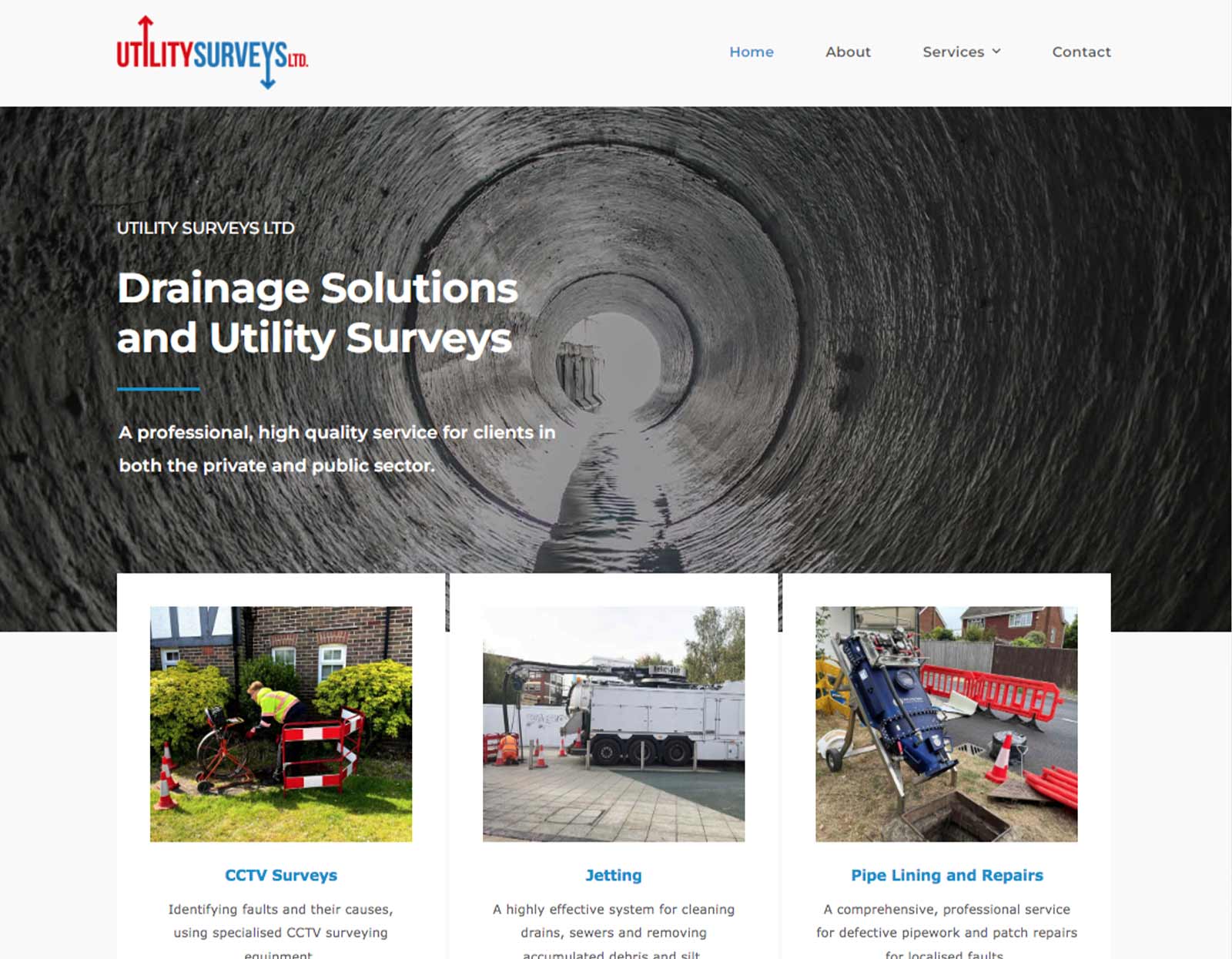 Image of web design for Utility Surveys, showing the website home page.