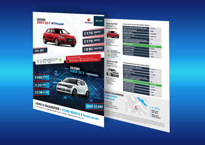 Image of Paul Hailes Design work for LeVoi's Suzuki showroom new car sales leaflets.
