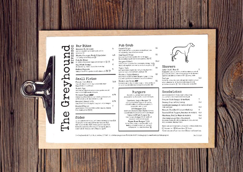 Image of Paul Hailes Menu Design work for The Greyhound