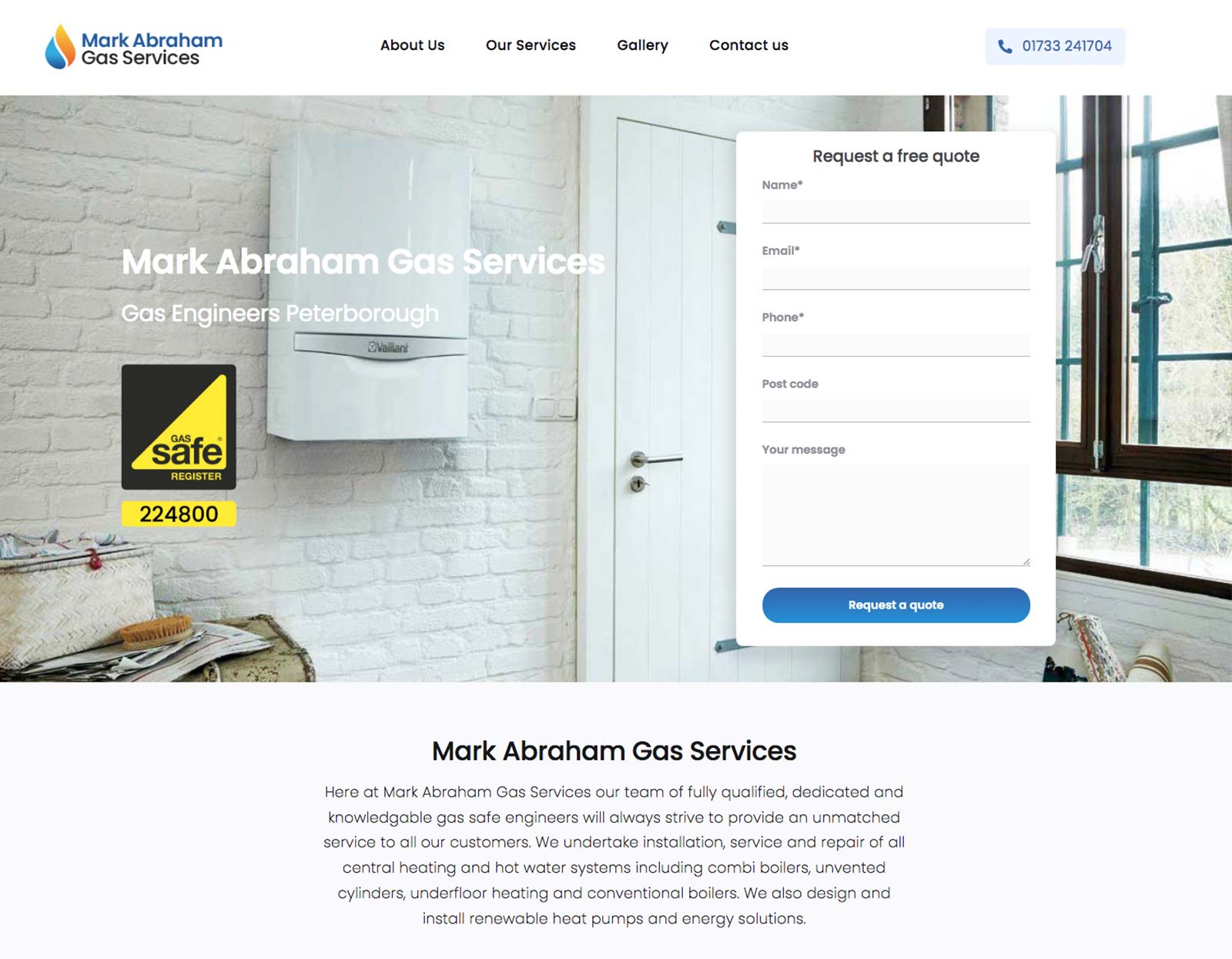 Image of Paul Hailes Design work for Mark Abraham Gas Services website home page.